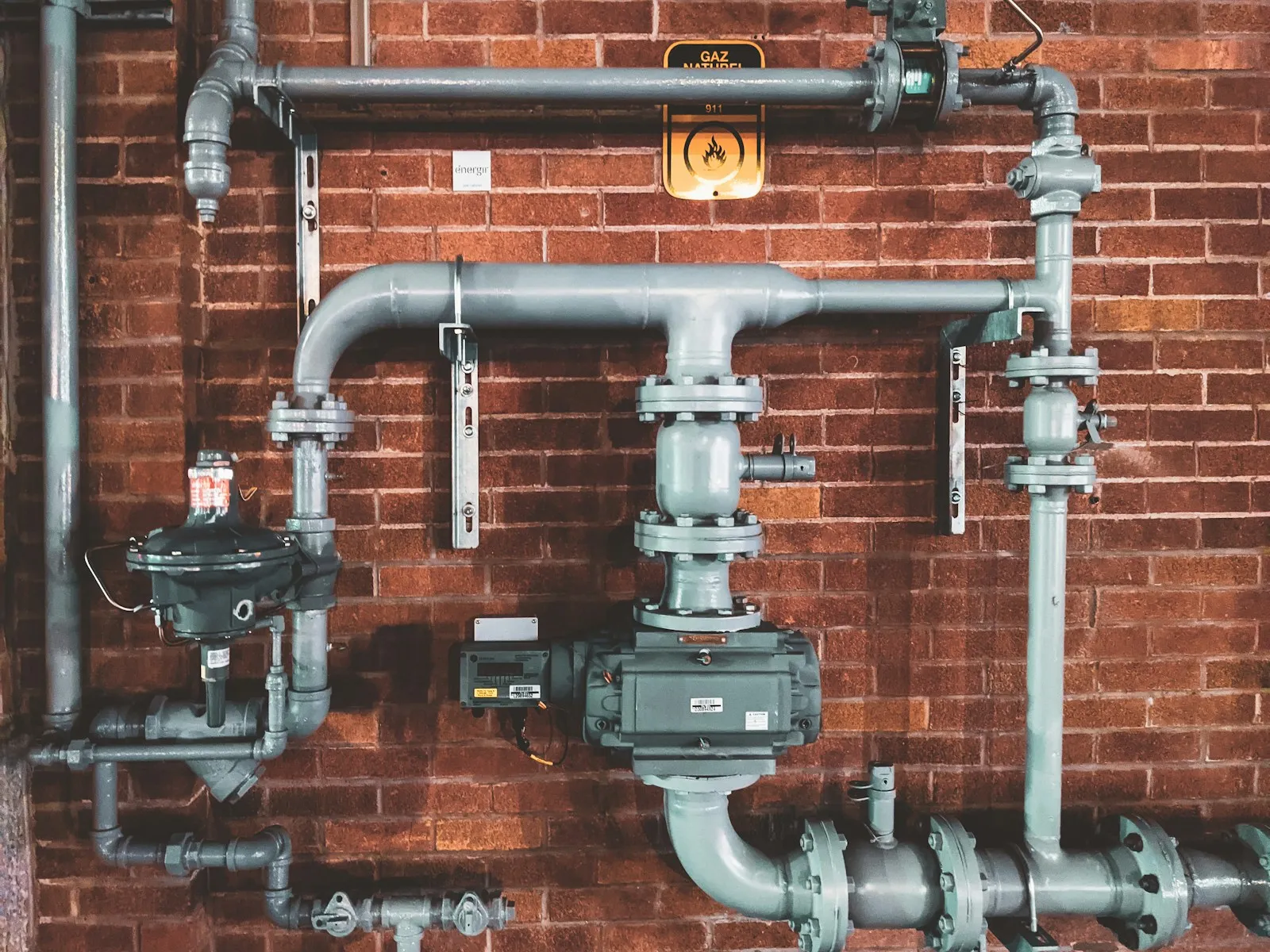 Natural gas piping, valves and a regulator mounted on a brick wall